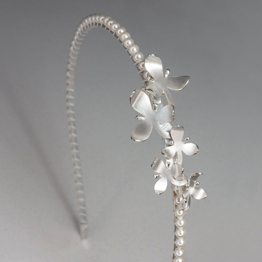 Silver Orchid Flower Pearl and Metal Headband, transforms into a pendant