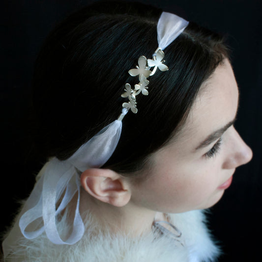 Silver Orchid Flower Ribbon Headband, transforms into a pendant