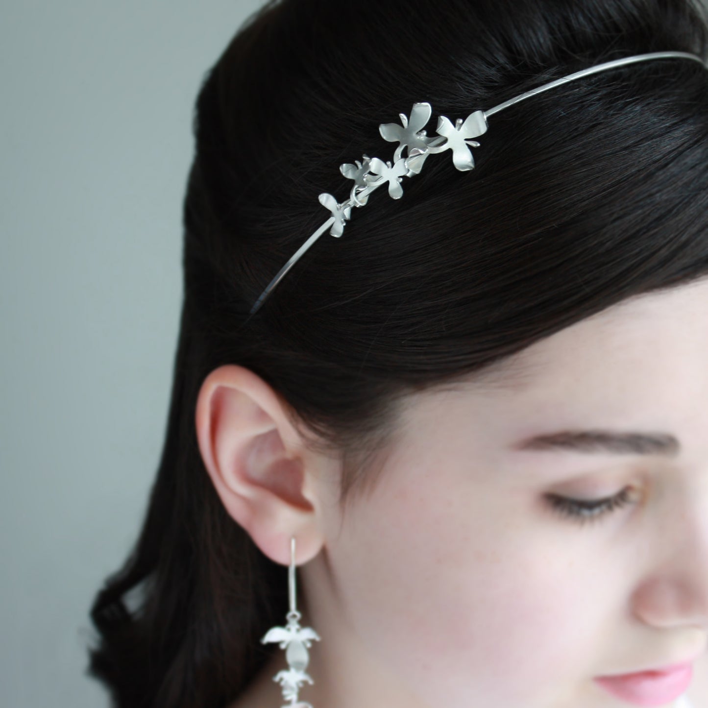 Small Silver Orchid Bridal Headband, can become sets of jewellery