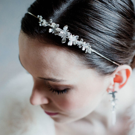 Silver Orchid Bridal Headband, can become a set of four pieces of jewellery