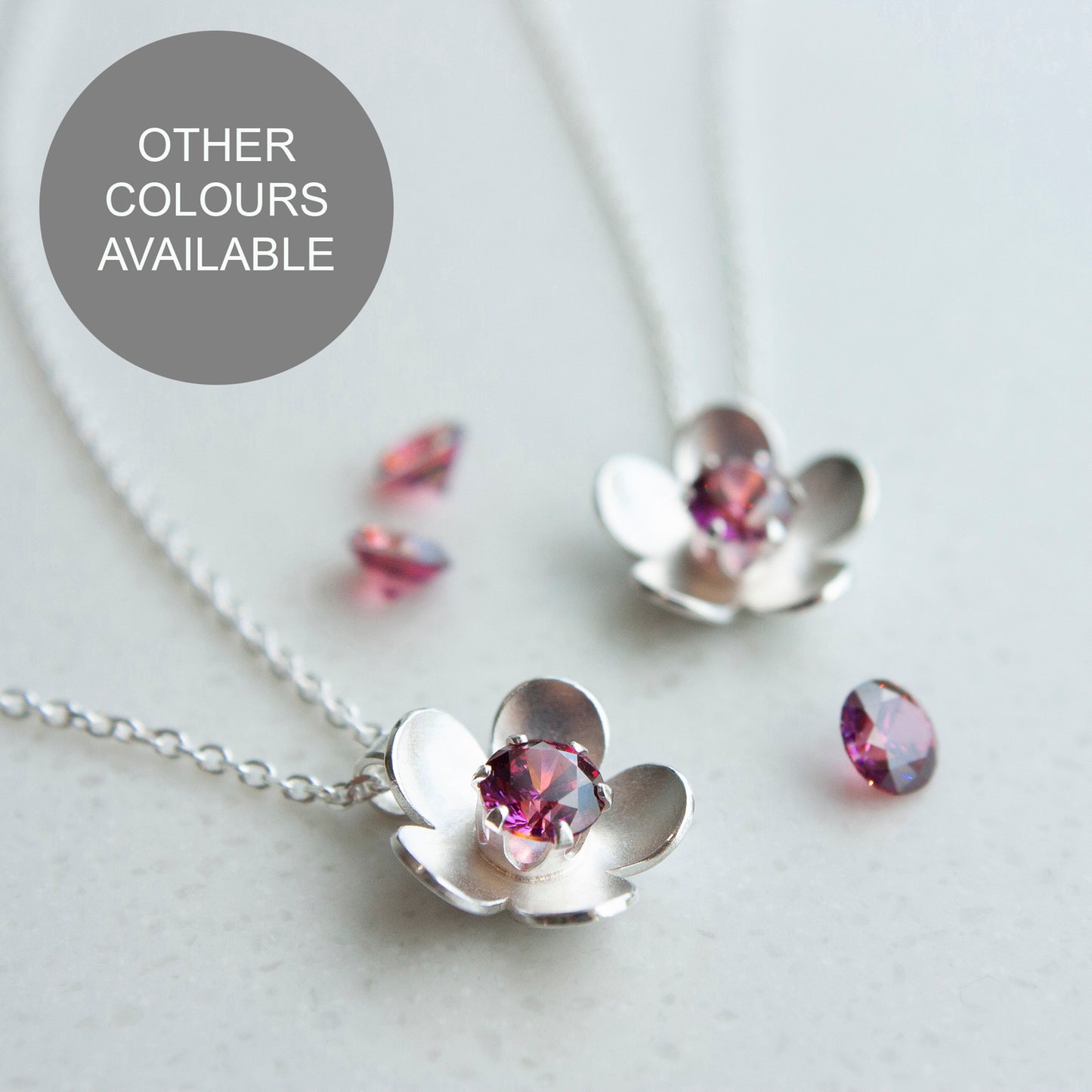 Silver blossom flower necklace with choice of birthstone