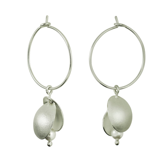 Silver Seed Pod with Crystal Pearls Hoop Earrings