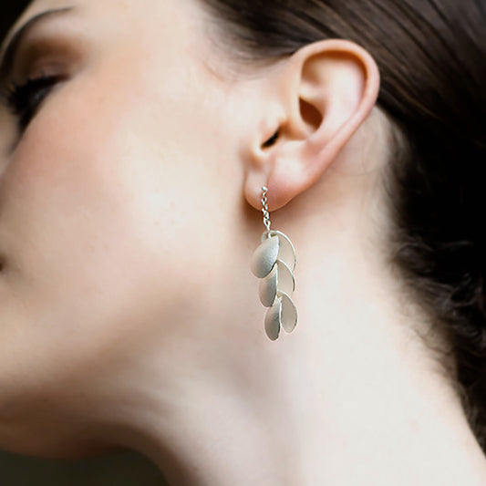 Silver Triple Seed Pod stud earrings on fine chain