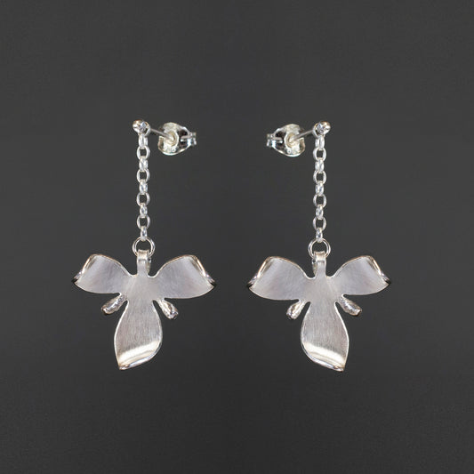 Silver Small Orchid Flowers on chain stud earrings
