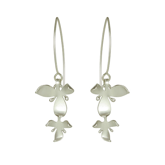 Silver Double Orchid Long Earrings