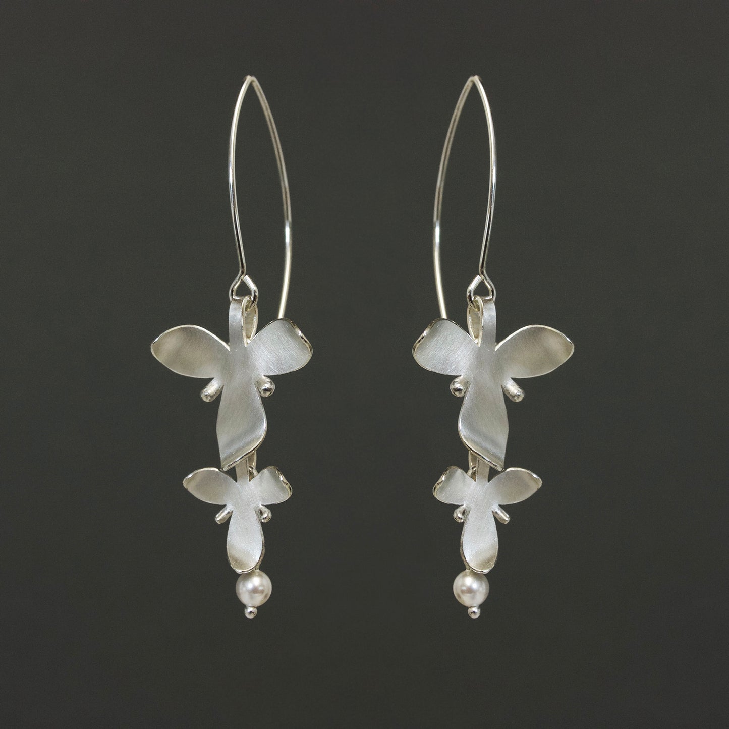 Silver Double Orchid and crystal pearl Long Earrings