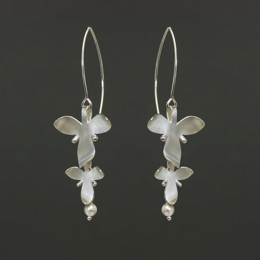 Silver Double Orchid and crystal pearl Long Earrings