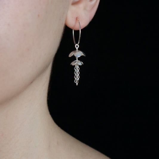 Silver Blossom Double Flower with Chain detail Hoop Earrings