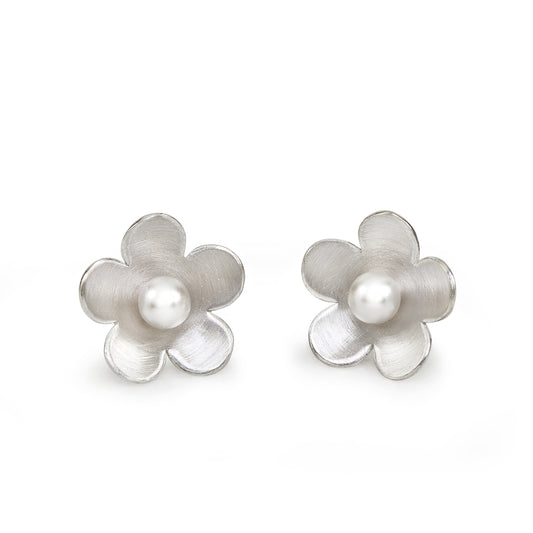 Silver and pearl blossom flower stud earrings