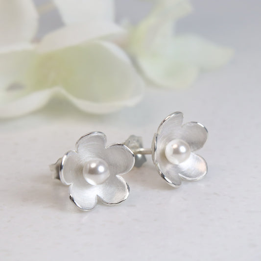 Silver and pearl blossom flower stud earrings