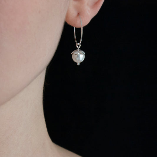 Silver and Pearl Blossom Hoop Earrings