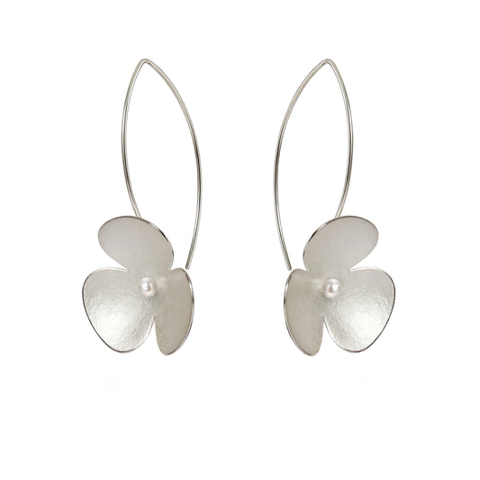 Silver poppy and crystal pearl long earrings