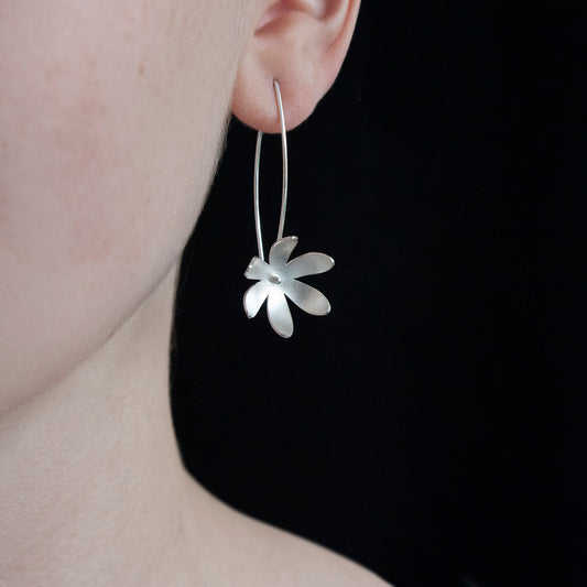 Silver flower long earrings