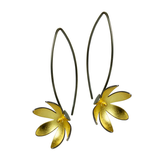 Gold and oxidised silver long flower earrings