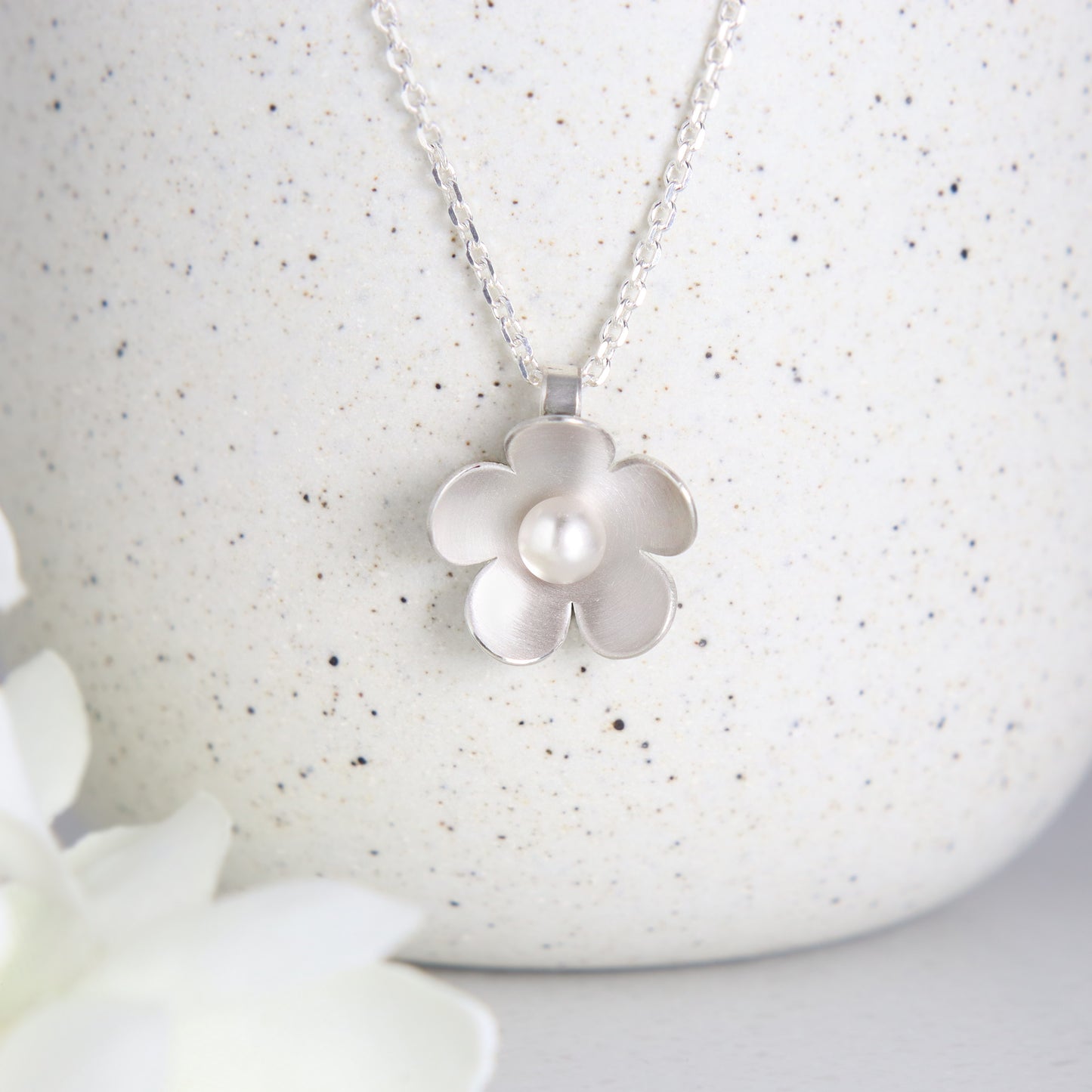 Silver and Pearl blossom Flower Necklace