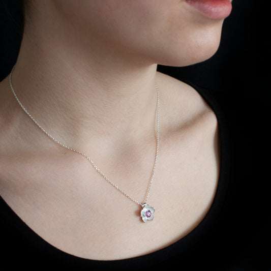 Silver blossom flower necklace with choice of birthstone
