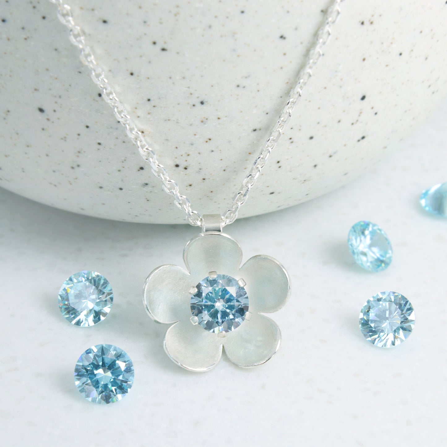 Silver blossom flower necklace with choice of birthstone