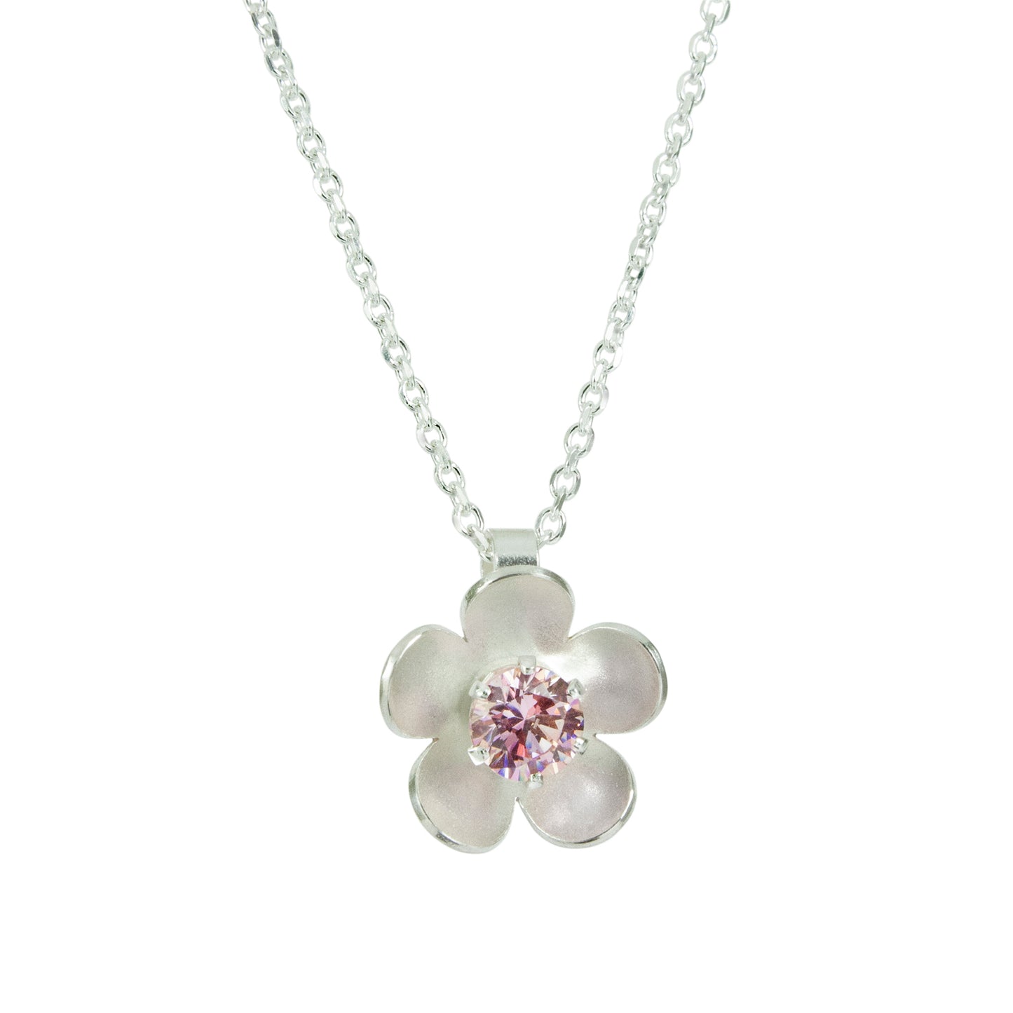 Silver blossom flower necklace with choice of birthstone