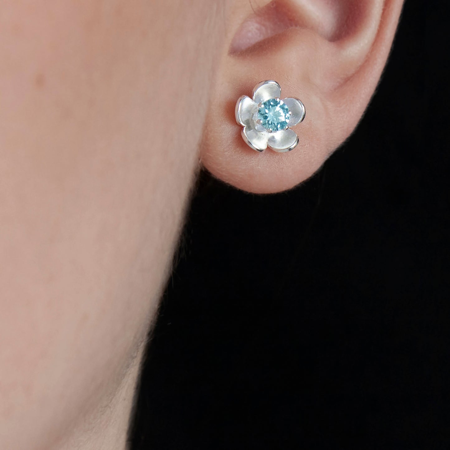 silver flower stud earrings with choice of birthstone