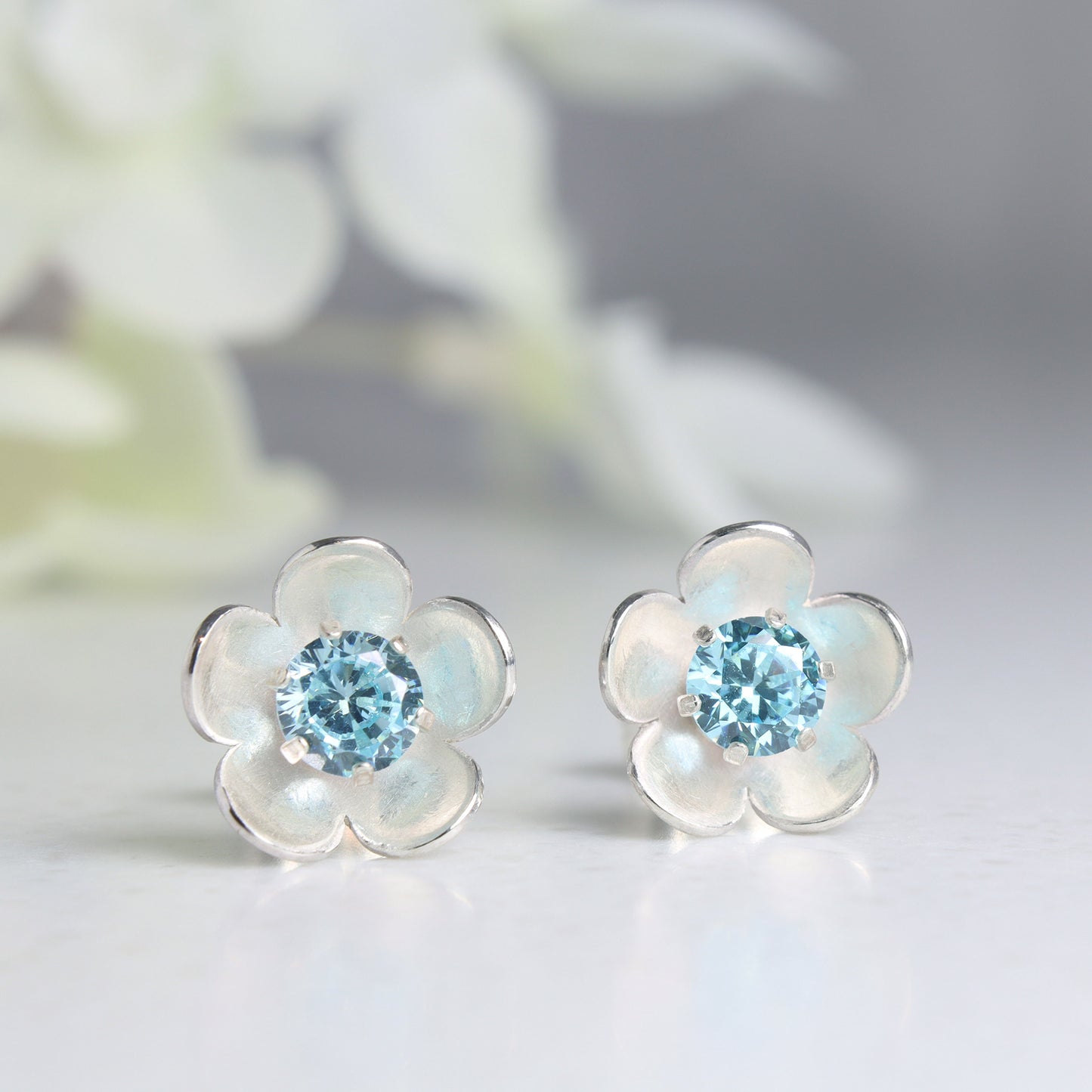 silver flower stud earrings with choice of birthstone